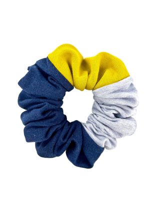 Scrunchie with colour block in navy, light grey & yellow on a white background