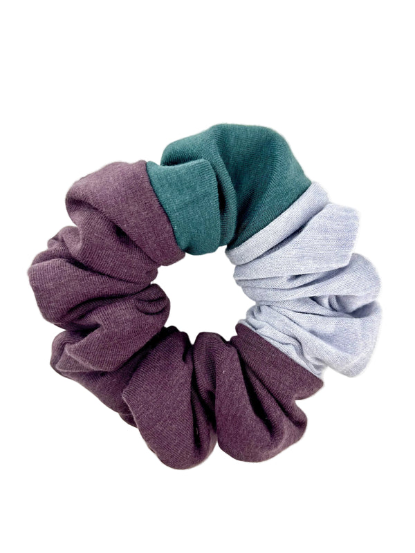 Upcycled Handmade Knit Scrunchie - Colour Block (Purple, Light Grey & Green)