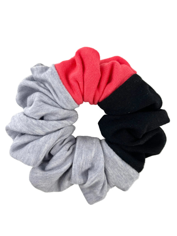 Upcycled Handmade Knit Scrunchie - Colour Block (Light Grey, Black & Pink)