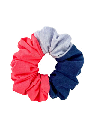 Scrunchie with colour block in pink, navy & light grey on a white background