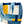 Quilted tote bag with blue, yellow, and white pattern on a light background