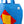Blue quilted beach bag with red and yellow geometric shapes on a white background