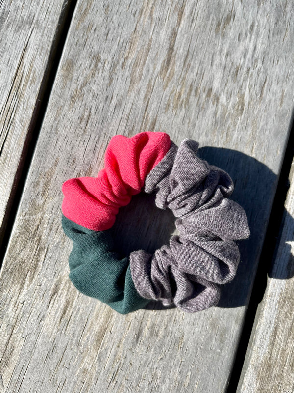 Upcycled Handmade Knit Mini Scrunchie - Colour Block (Greyish Purple, Pink & Green)