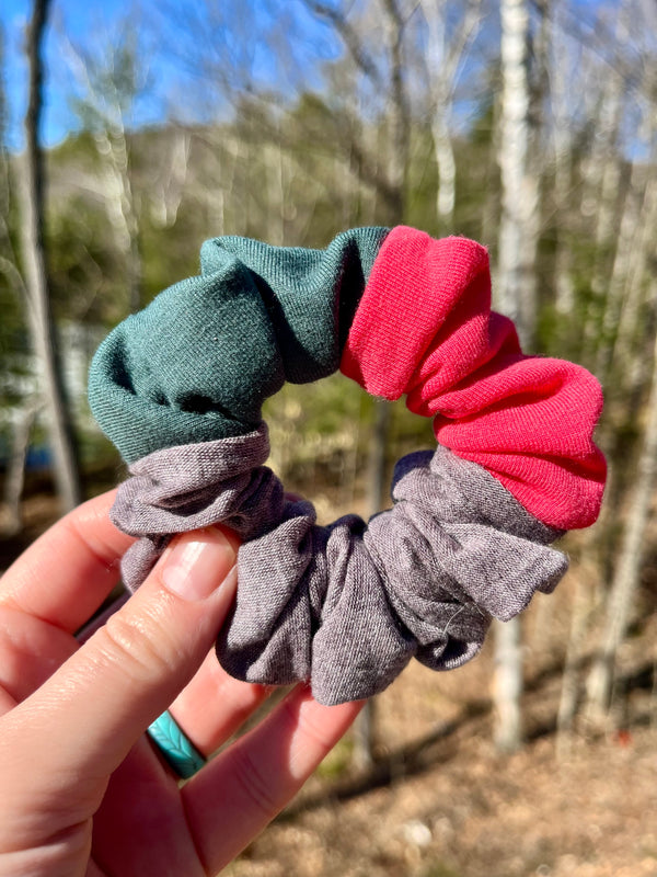 Upcycled Handmade Knit Mini Scrunchie - Colour Block (Greyish Purple, Pink & Green)