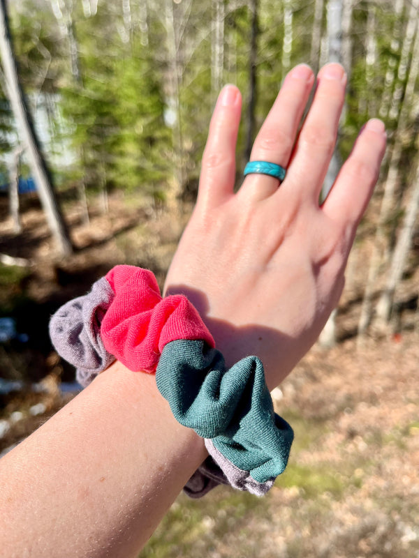 Upcycled Handmade Knit Mini Scrunchie - Colour Block (Greyish Purple, Pink & Green)
