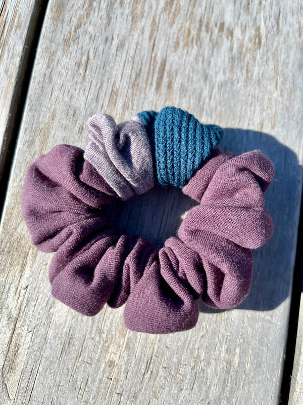 Upcycled Handmade Knit Mini Scrunchie - Colour Block (Purple, Greyish Purple & Green Waffle)