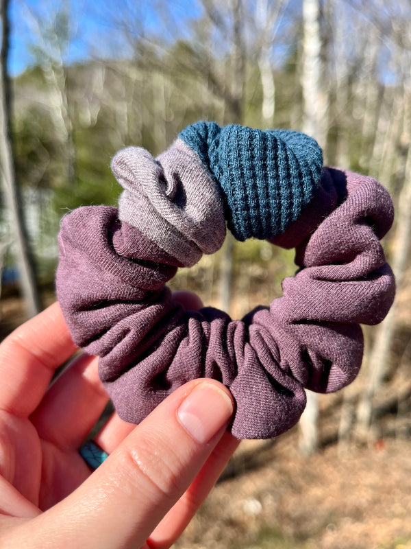 Upcycled Handmade Knit Mini Scrunchie - Colour Block (Purple, Greyish Purple & Green Waffle)