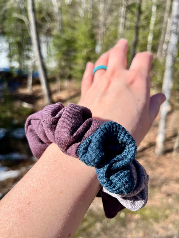 Upcycled Handmade Knit Mini Scrunchie - Colour Block (Purple, Greyish Purple & Green Waffle)
