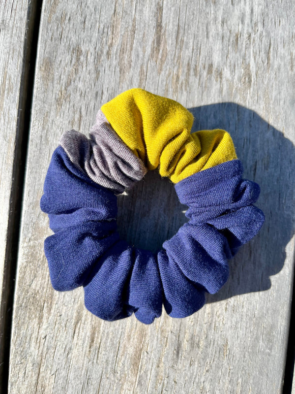 Upcycled Handmade Knit Mini Scrunchie - Colour Block (Navy, Yellow & Greyish Purple)