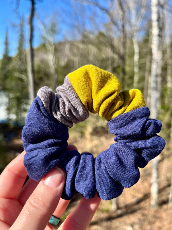 Upcycled Handmade Knit Mini Scrunchie - Colour Block (Navy, Yellow & Greyish Purple)