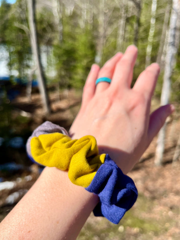 Upcycled Handmade Knit Mini Scrunchie - Colour Block (Navy, Yellow & Greyish Purple)