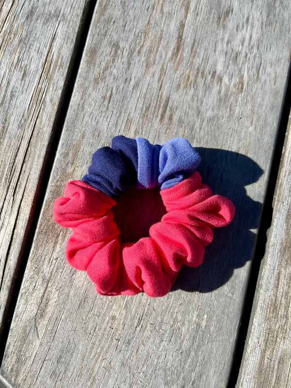 Upcycled Handmade Knit Mini Scrunchie - Colour Block (Pink, Navy & Purple)
