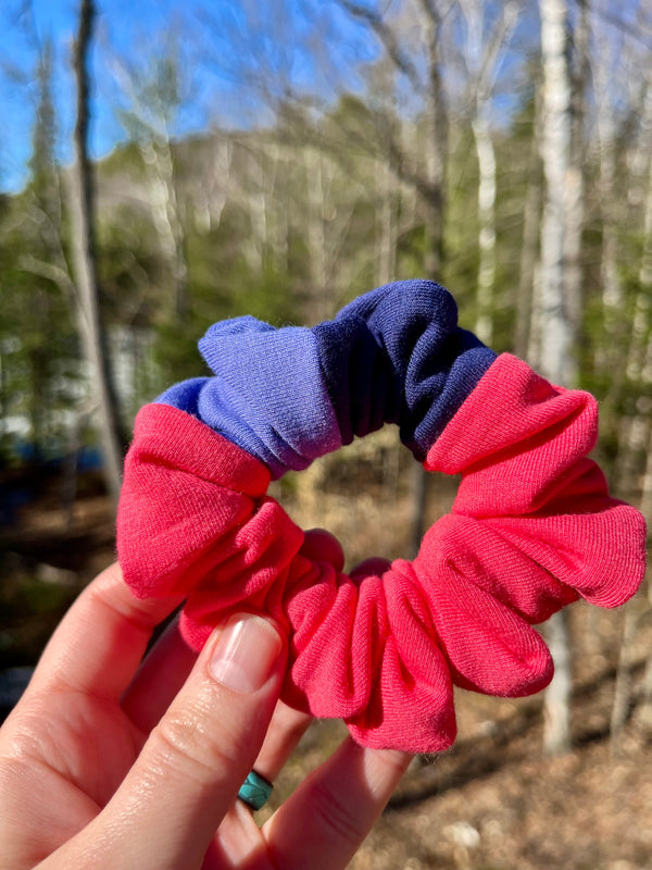 Upcycled Handmade Knit Mini Scrunchie - Colour Block (Pink, Navy & Purple)