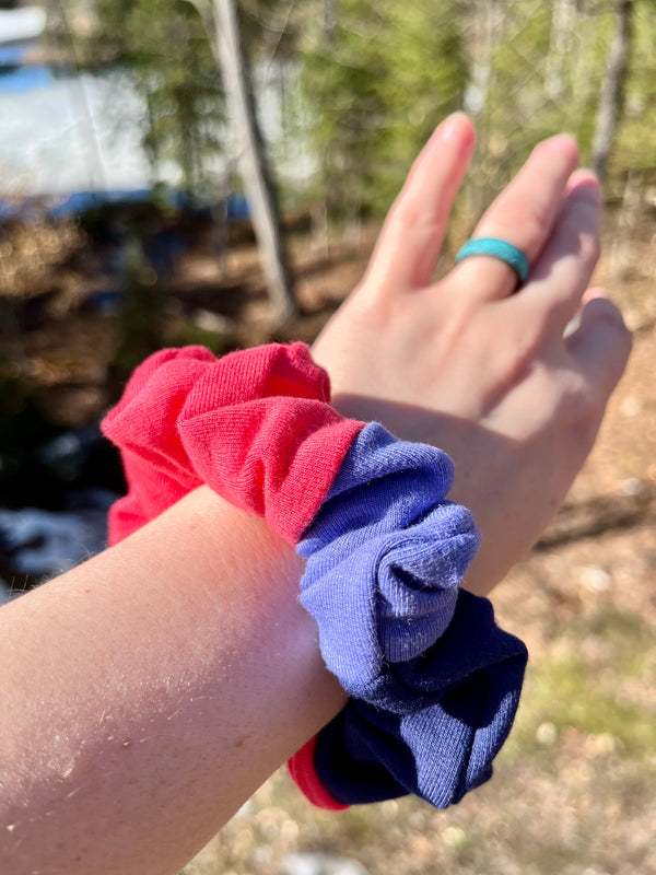 Upcycled Handmade Knit Mini Scrunchie - Colour Block (Pink, Navy & Purple)