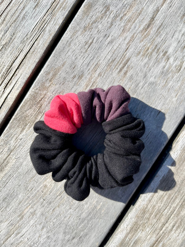 Upcycled Handmade Knit Mini Scrunchie - Colour Block (Black, Purple & Pink)