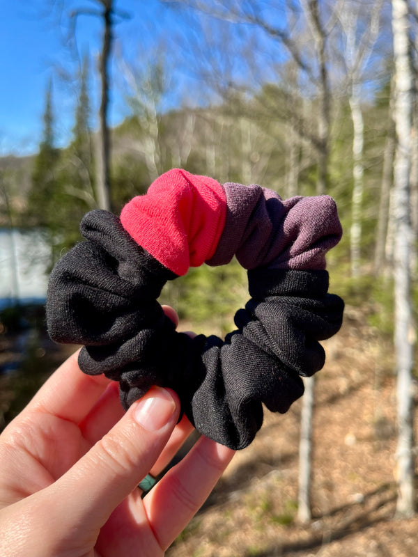 Upcycled Handmade Knit Mini Scrunchie - Colour Block (Black, Purple & Pink)
