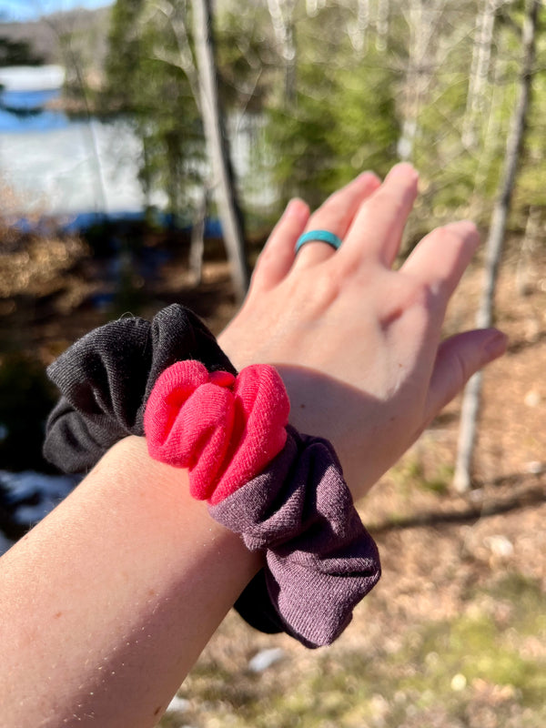 Upcycled Handmade Knit Mini Scrunchie - Colour Block (Black, Purple & Pink)