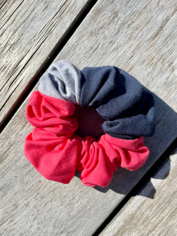 Upcycled Handmade Knit Scrunchie - Colour Block (Pink, Navy & Light Grey)