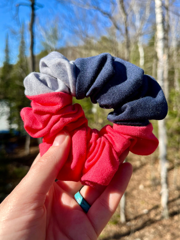Upcycled Handmade Knit Scrunchie - Colour Block (Pink, Navy & Light Grey)