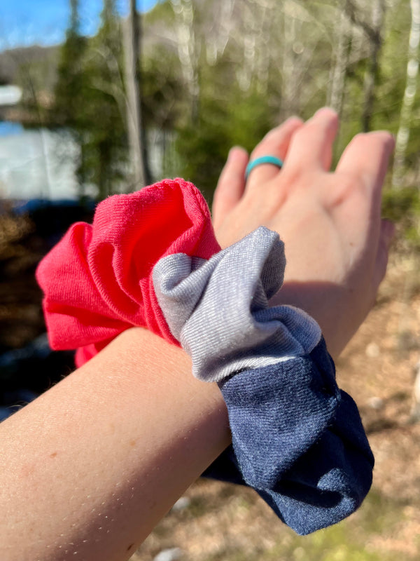 Upcycled Handmade Knit Scrunchie - Colour Block (Pink, Navy & Light Grey)