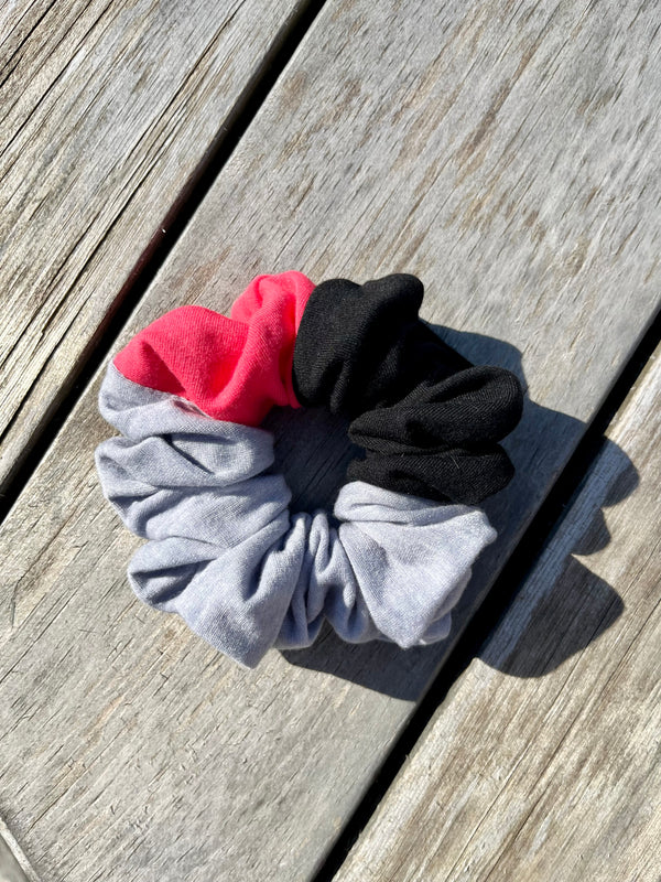 Upcycled Handmade Knit Scrunchie - Colour Block (Light Grey, Black & Pink)