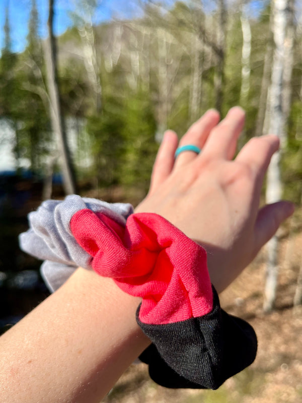 Upcycled Handmade Knit Scrunchie - Colour Block (Light Grey, Black & Pink)