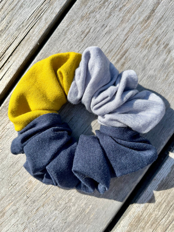 Upcycled Handmade Knit Scrunchie - Colour Block (Navy, Light Grey & Yellow)