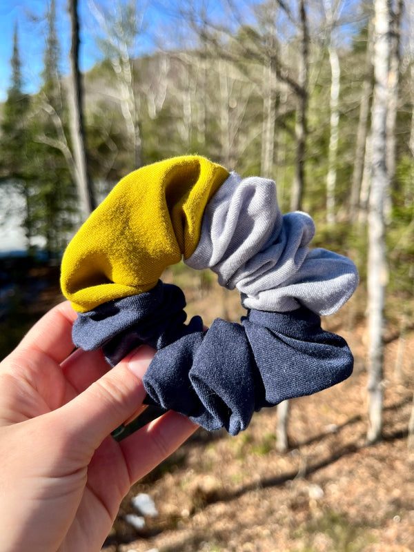 Upcycled Handmade Knit Scrunchie - Colour Block (Navy, Light Grey & Yellow)