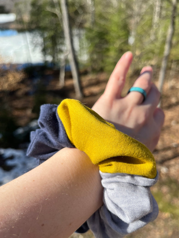 Upcycled Handmade Knit Scrunchie - Colour Block (Navy, Light Grey & Yellow)