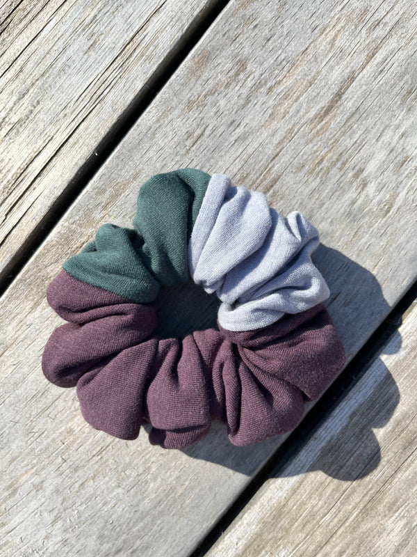 Upcycled Handmade Knit Scrunchie - Colour Block (Purple, Light Grey & Green)