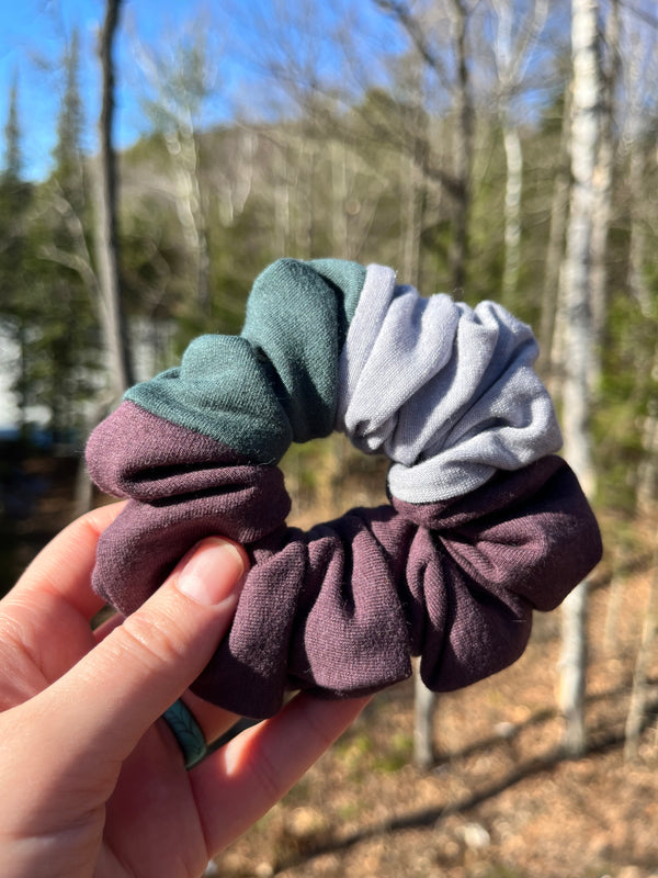 Upcycled Handmade Knit Scrunchie - Colour Block (Purple, Light Grey & Green)