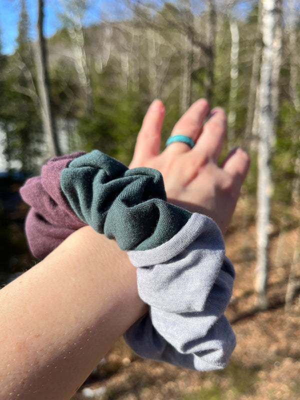 Upcycled Handmade Knit Scrunchie - Colour Block (Purple, Light Grey & Green)
