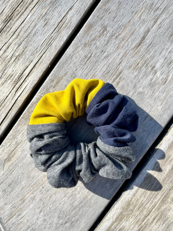 Upcycled Handmade Knit Scrunchie - Colour Block (Grey, Navy & Yellow)
