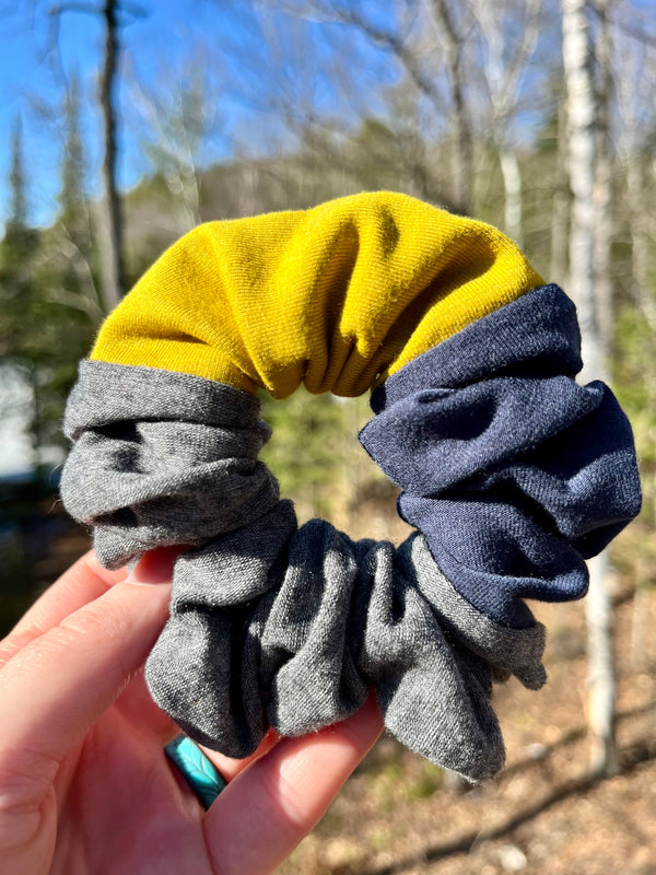 Upcycled Handmade Knit Scrunchie - Colour Block (Grey, Navy & Yellow)