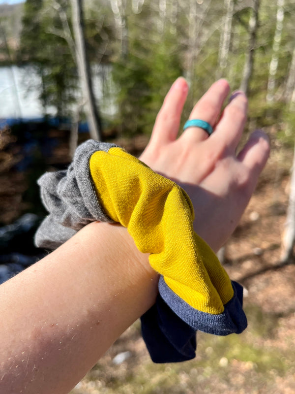 Upcycled Handmade Knit Scrunchie - Colour Block (Grey, Navy & Yellow)