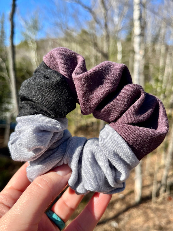 Upcycled Handmade Knit Scrunchie - Colour Block (Light Grey, Purple & Black)