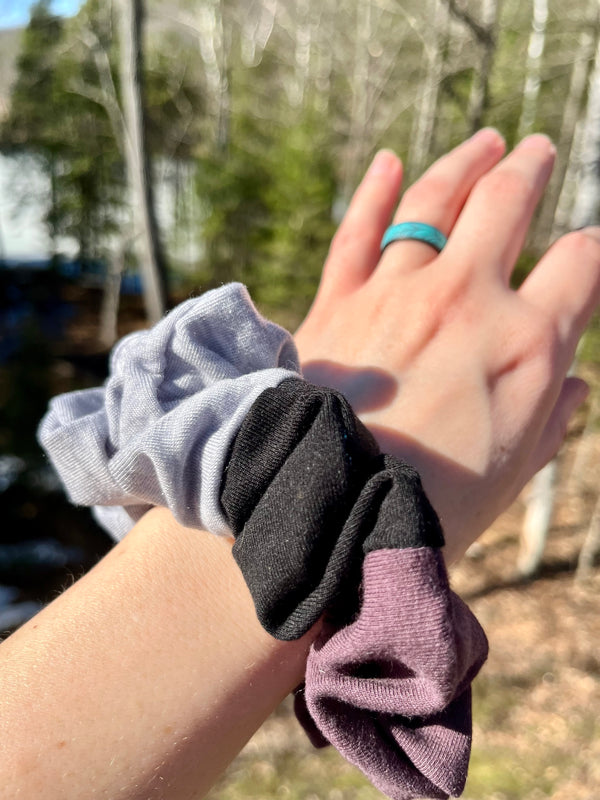 Upcycled Handmade Knit Scrunchie - Colour Block (Light Grey, Purple & Black)