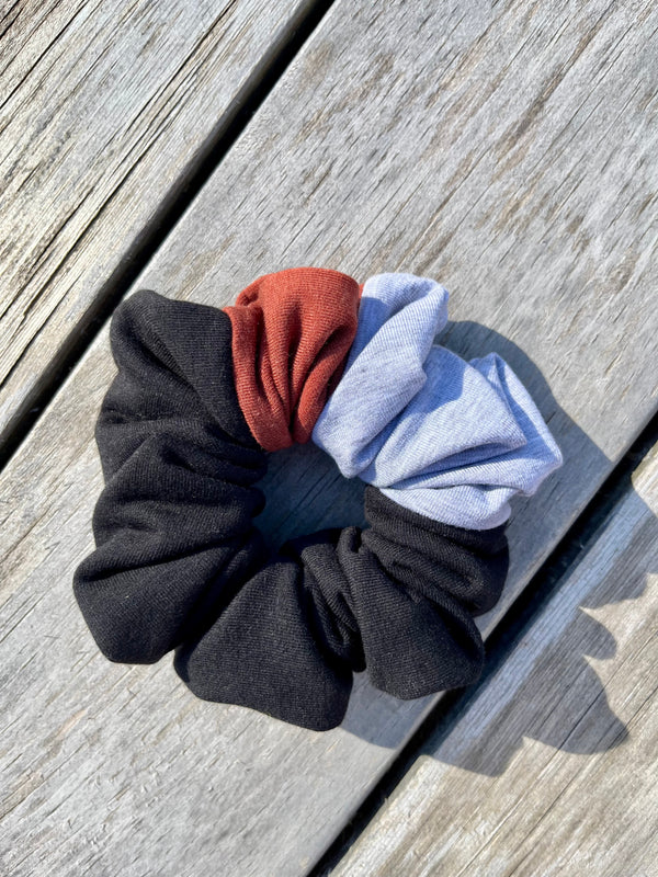 Upcycled Handmade Knit Scrunchie - Colour Block (Black, Light Grey & Brown)