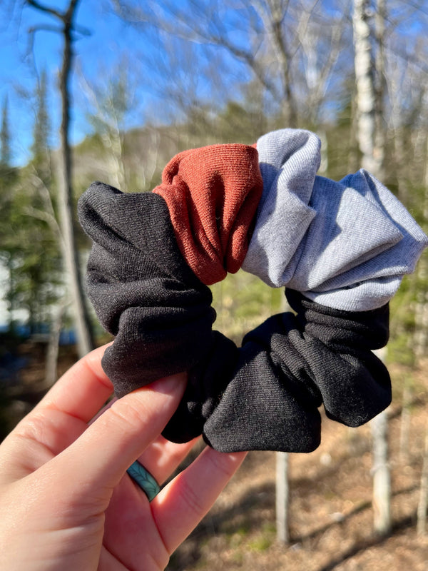 Upcycled Handmade Knit Scrunchie - Colour Block (Black, Light Grey & Brown)