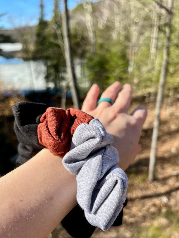 Upcycled Handmade Knit Scrunchie - Colour Block (Black, Light Grey & Brown)