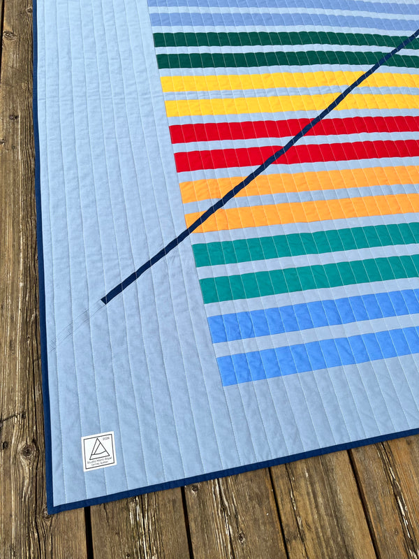 Upcycled Handmade Patchwork Throw Quilt - Rupert Pattern (Light Blue with Colourful Stripes)