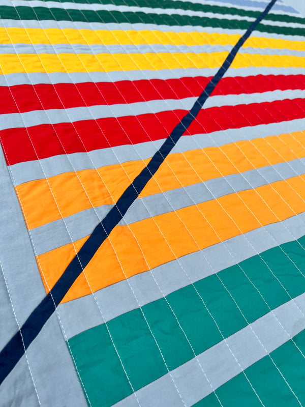 Upcycled Handmade Patchwork Throw Quilt - Rupert Pattern (Light Blue with Colourful Stripes)