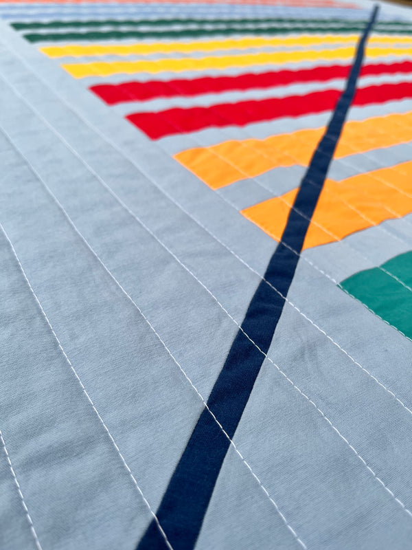 Upcycled Handmade Patchwork Throw Quilt - Rupert Pattern (Light Blue with Colourful Stripes)
