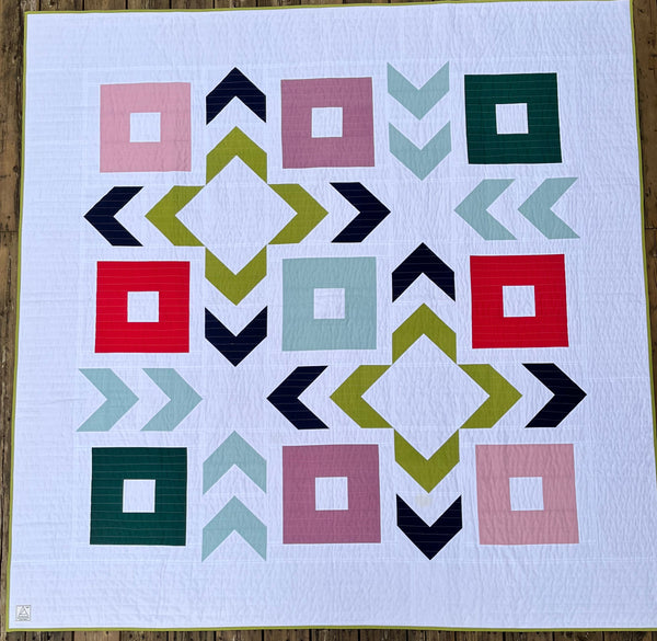 Quilt with geometric pattern on a wooden surface
