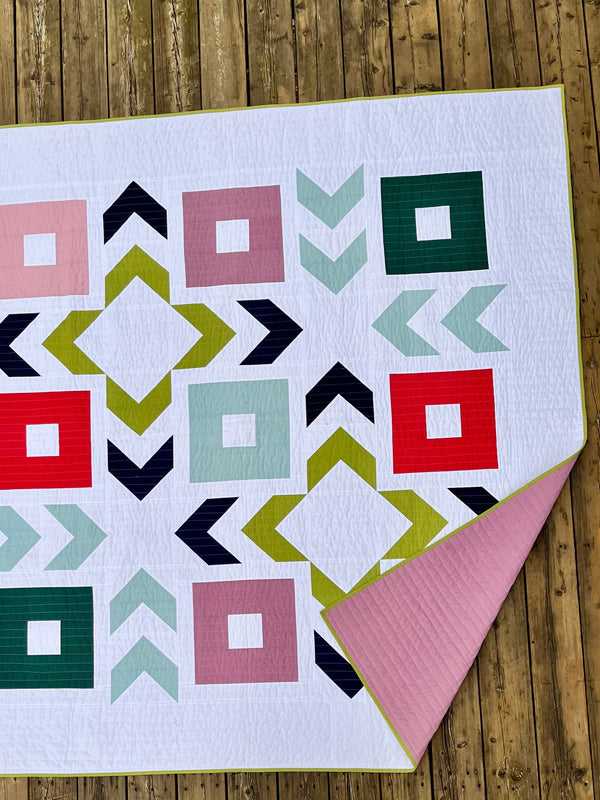 Upcycled Handmade Patchwork Bed Quilt - Montebello Pattern (White with Colourful Geometric Design)