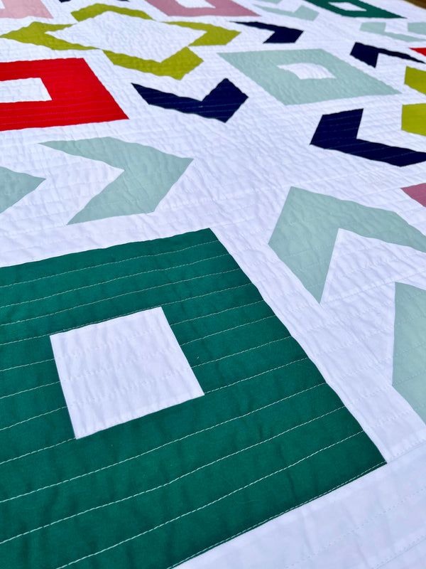 Upcycled Handmade Patchwork Bed Quilt - Montebello Pattern (White with Colourful Geometric Design)