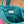 Close-up of a teal bag with a visible brand label against a blurred natural background
